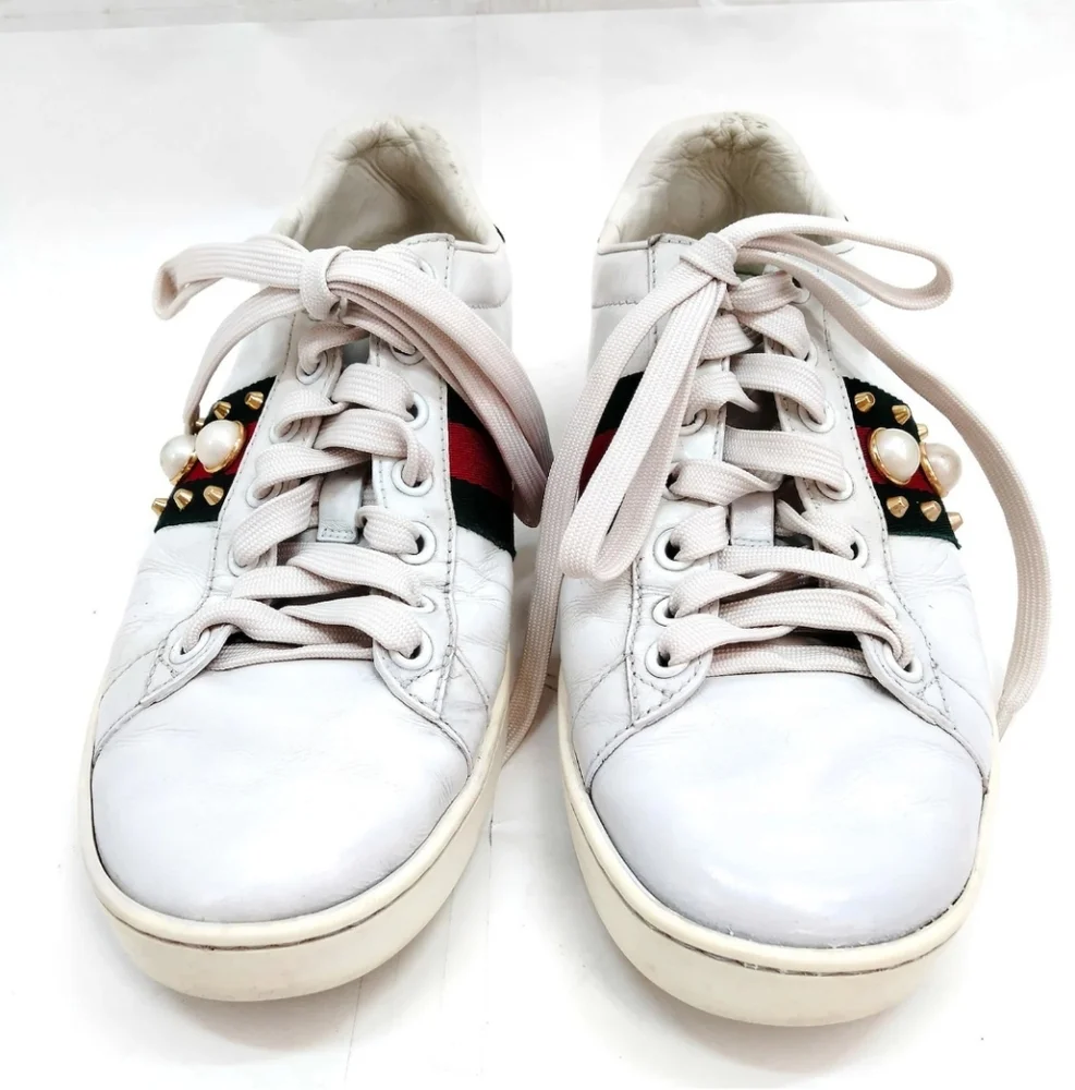 Gucci Sneakers Leather Ace Sherry Line Pearl Studs Size 36.5